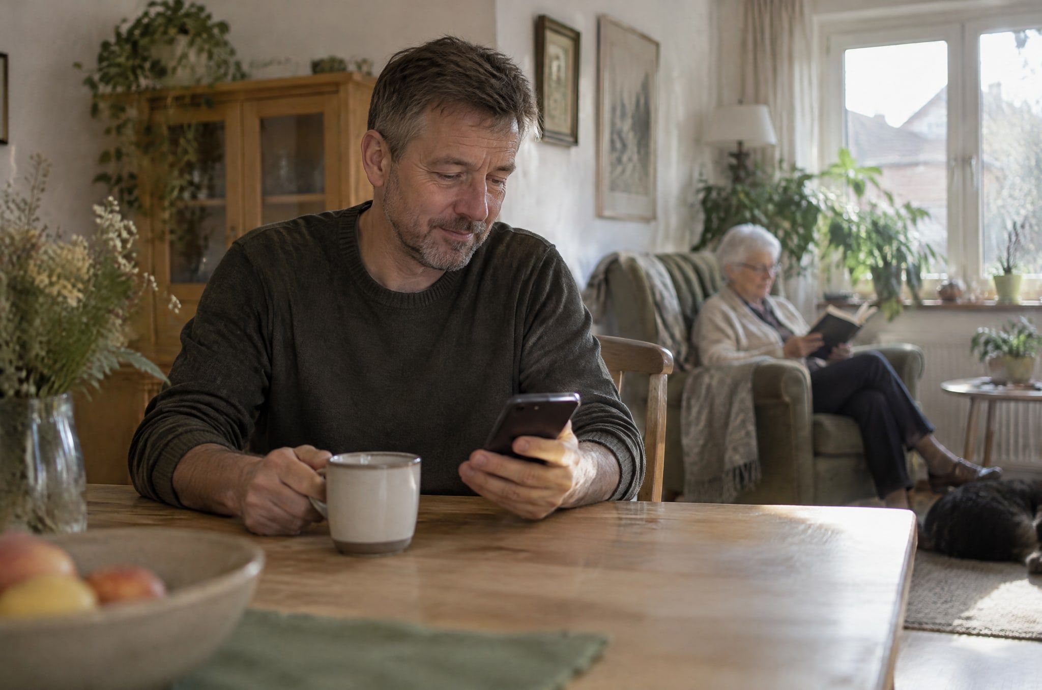 Ein Mann schaut beim Kaffee auf sein Handy, im Hintergrund liest seine Mutter im Sessel.