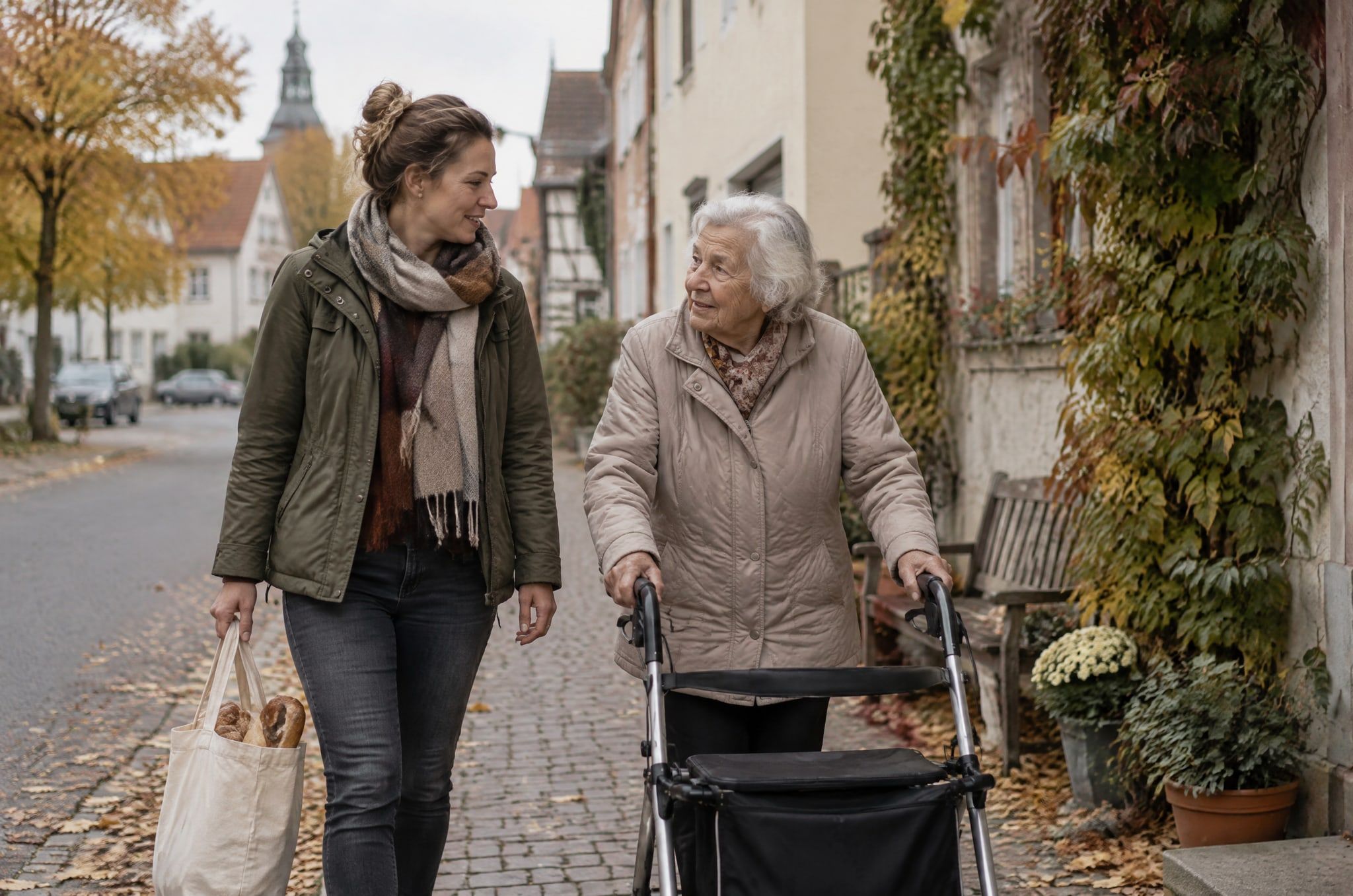 Eine Helferin begleitet eine ältere Frau mit Rollator nach Hause und trägt ihr die Einkaufstasche.