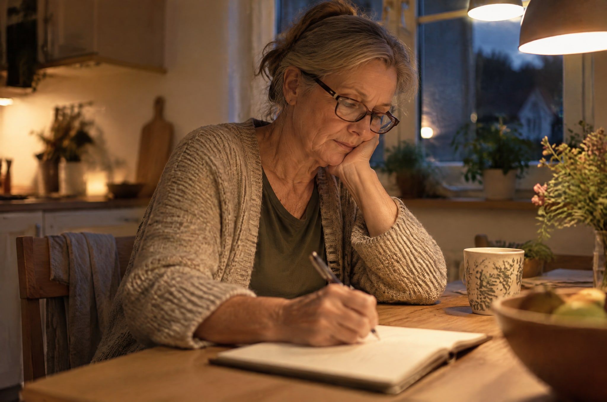 Eine Frau schreibt abends am Küchentisch in ein Notizbuch, daneben steht eine Tasse Tee.